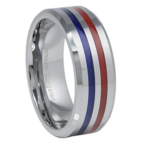 6MM 8MM Women's Or Men's Tungsten Carbide Wedding Matching Rings with Blue And Red Line Stripes High Polish Finish And Beveled Edges