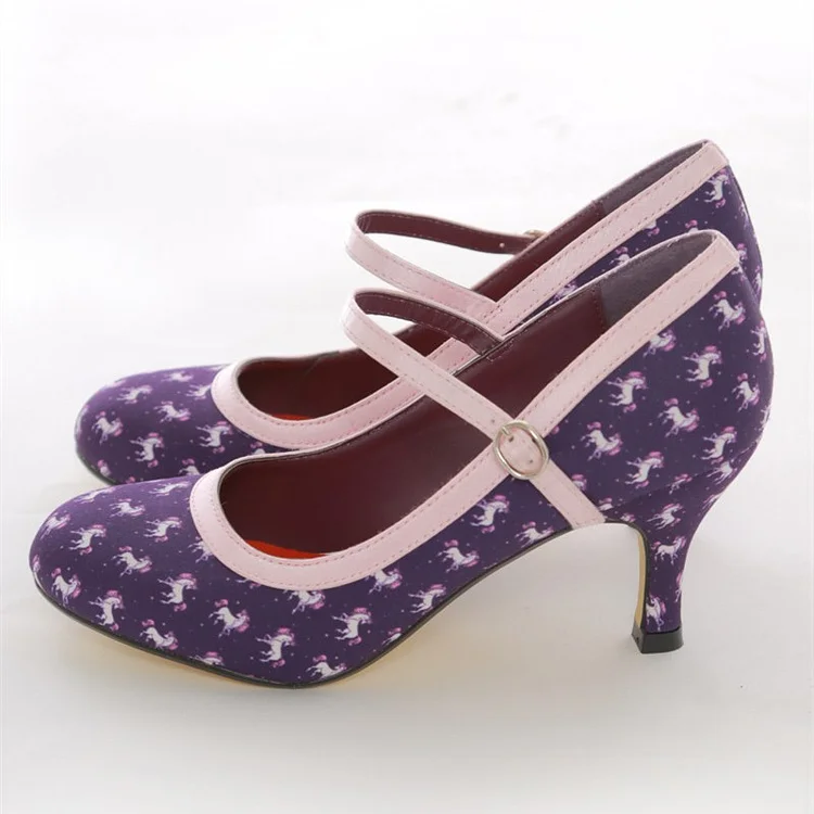 Unicorn Print Mary Jane Pumps Vintage Style Floral Heels |FSJ Shoes
