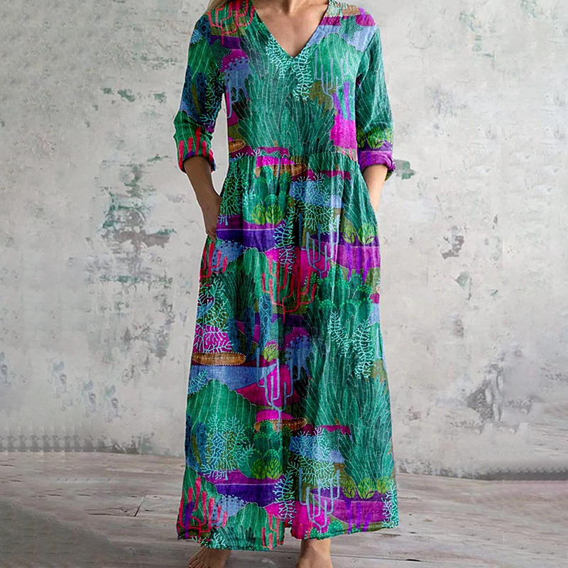 Comstylish Underwater World Print V-Neck Casual Midi Dress