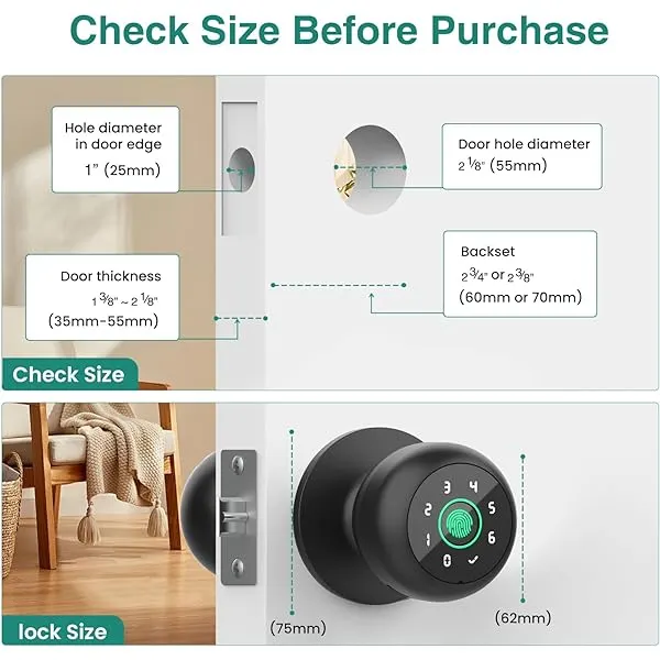 GHome 4 in 1 Smart Fingerprint Door Knob with Keypad Smart Door Lock, Biometric Door Knobs & App Control, Keyless Entry Door Lock Great for Home, Bedroom, Apartment Offices and Garages Black K10PRO