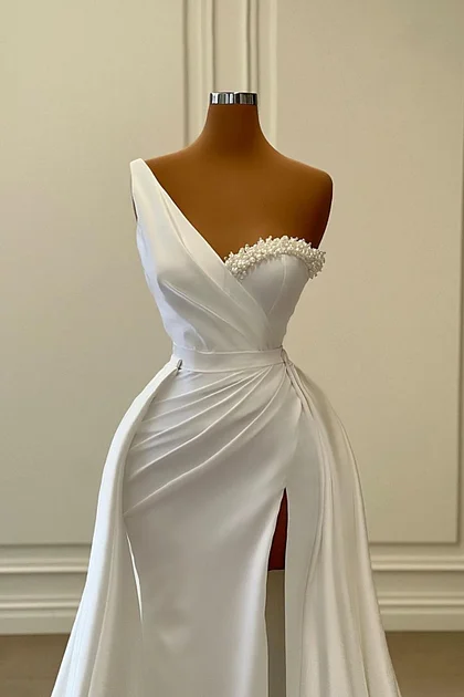 Ovlias White Sleeveless One Shoulder Beaded Wedding Dress YL0163