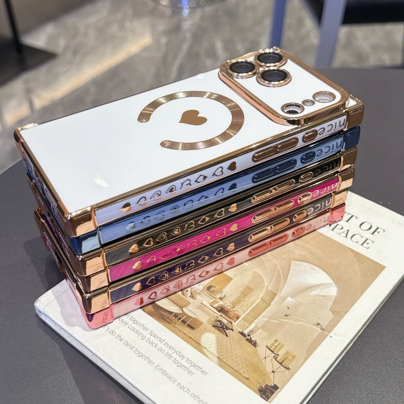 FANGCASE iPhone 17 Pro Max magnetic heart case close-up showing NICE engraving and heart detail on electroplated side frame, precision real machine mold