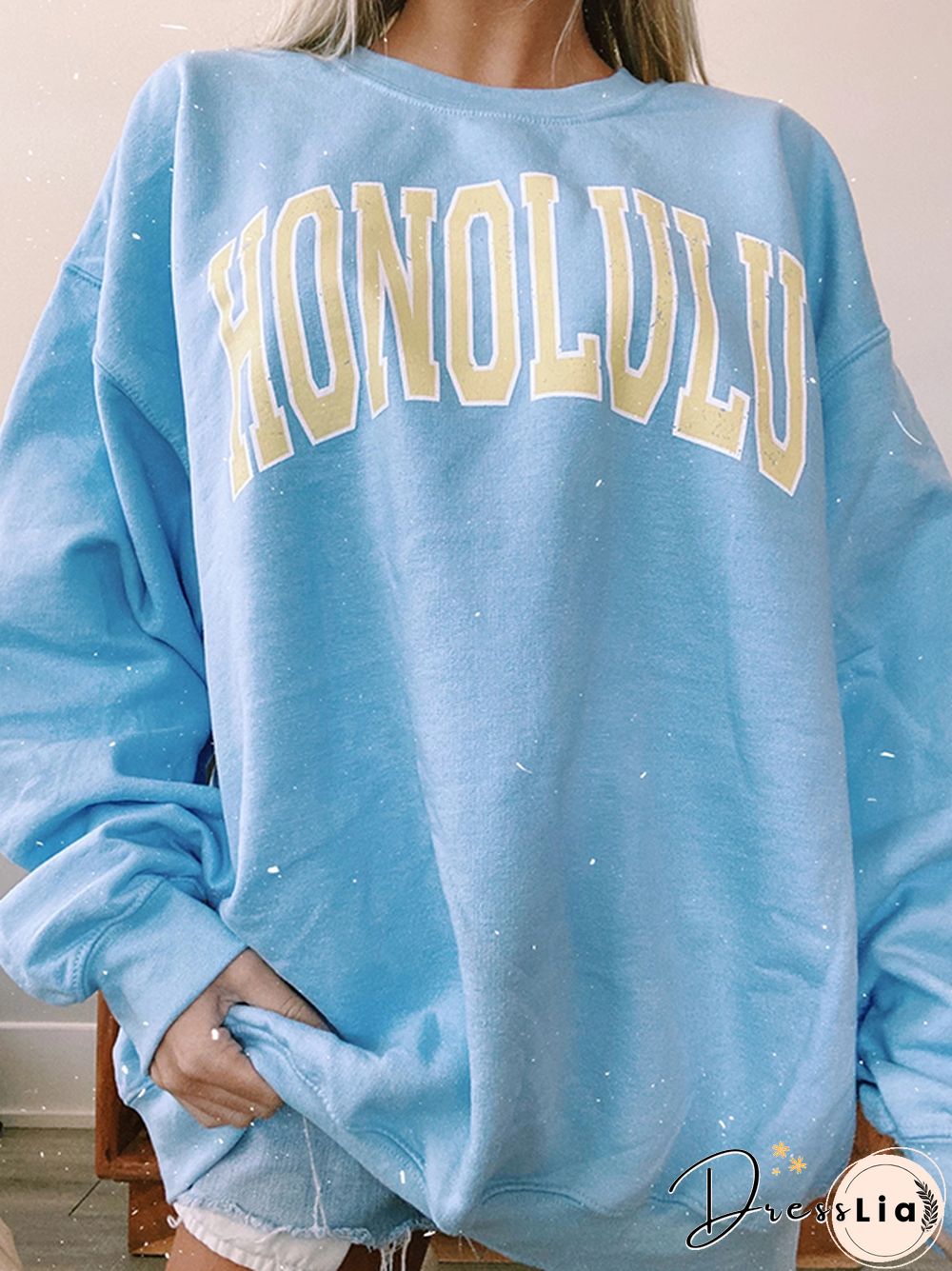 Round Neck Long Sleeve Blue Sweatshirt