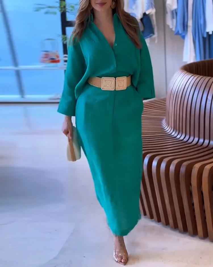 Lapel loose solid color dress (without belt)