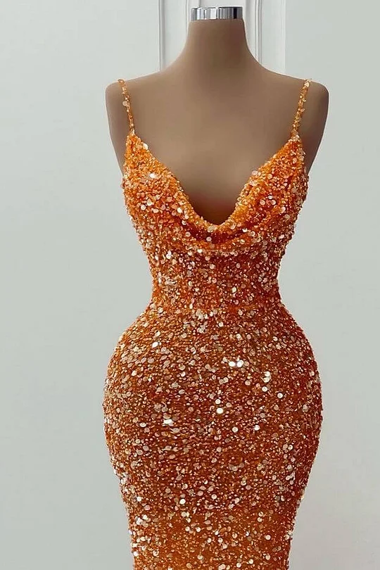 Orange V-Neck Mermaid Spaghetti-Straps Long Prom Dress With Sequins | Ballbellas Ballbellas