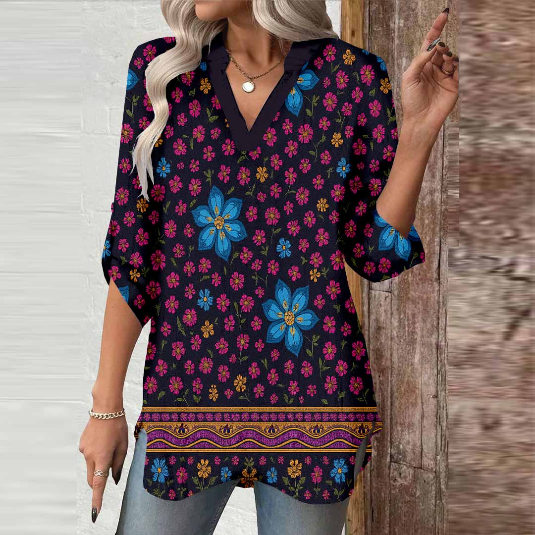 Women Bohemian,Red,Blue,Floral DZGA0281 3/4 Sleeve V-neck Printed Graphic Button Tops