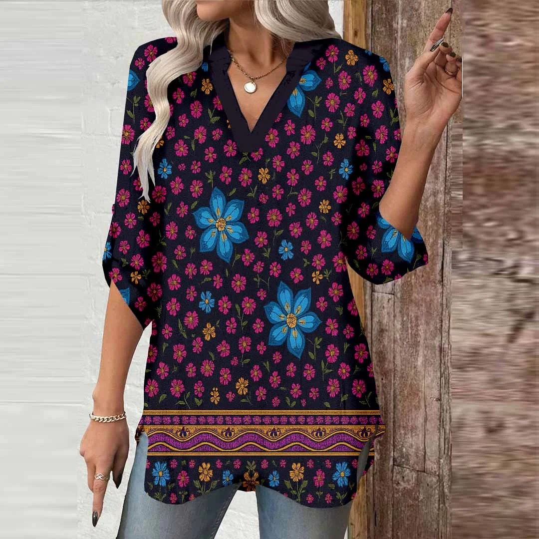Women Bohemian,Red,Blue,Floral DZGA0281 3/4 Sleeve V-neck Printed Graphic Button Tops