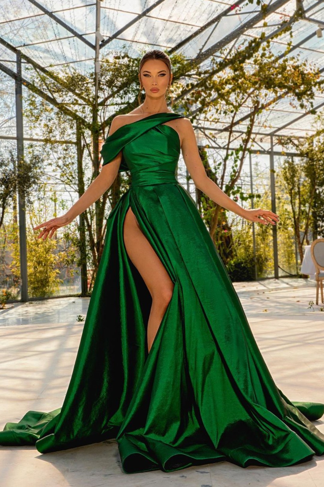 Ovlias Green Prom Dress One Shoulder Satin A Line Dress With High Split YL0177