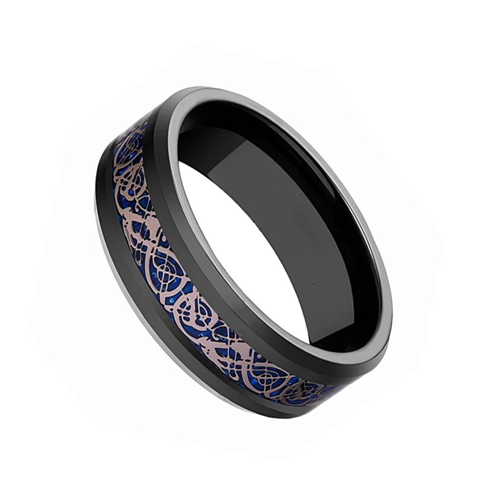 6MM 8MM Men's Tungsten Carbide Rings Blue Carbon Fiber Rose Gold Dragon Pattern Inlay
