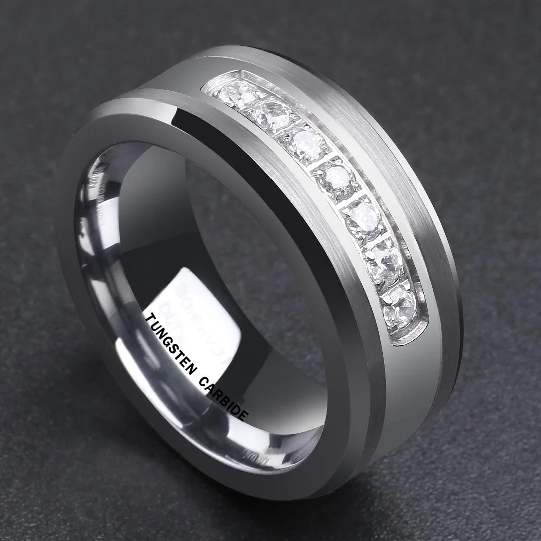 6MM 8MM Mens Tungsten Carbide Rings White Tungsten Carbon Fiber Polished Beveled Edge CZ Stone Channel
