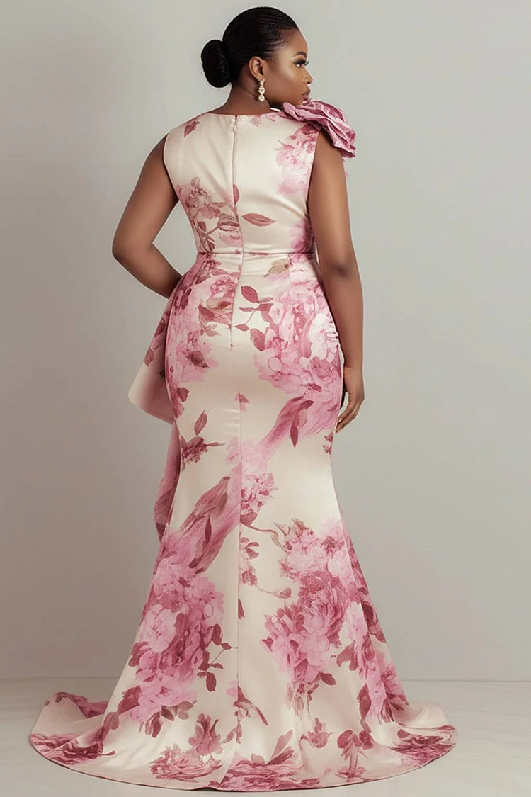 Xpluswear Design Plus Size Formal Pink Floral V Neck Ruffle Split Satin Maxi Dresses [Pre-Order]