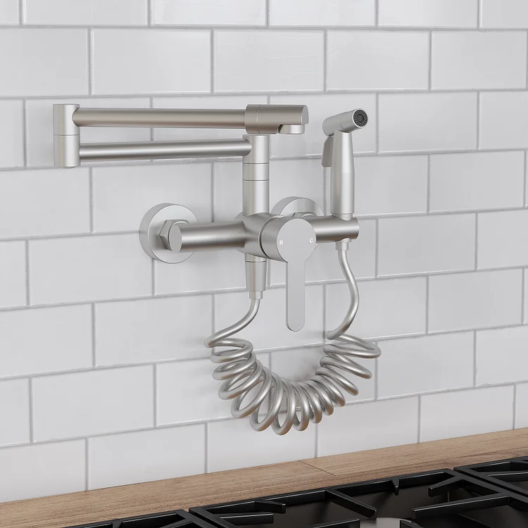 Wall Mounted Pot Filler Kitchen Faucet with 180° Swivel Spout and Sprayer SFS-1087-NK