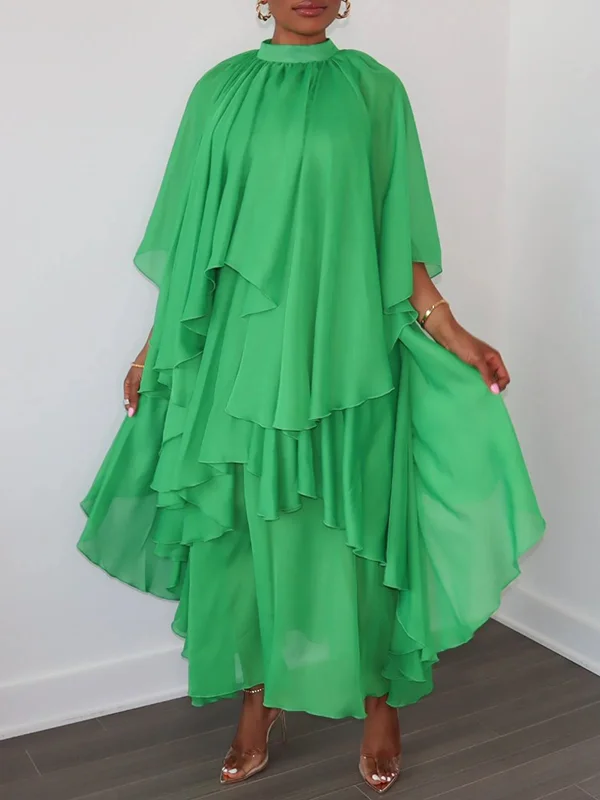 Asymmetric Layered Ruffled Solid Color Batwing Sleeves Half Sleeves Mock Neck Maxi Dresses