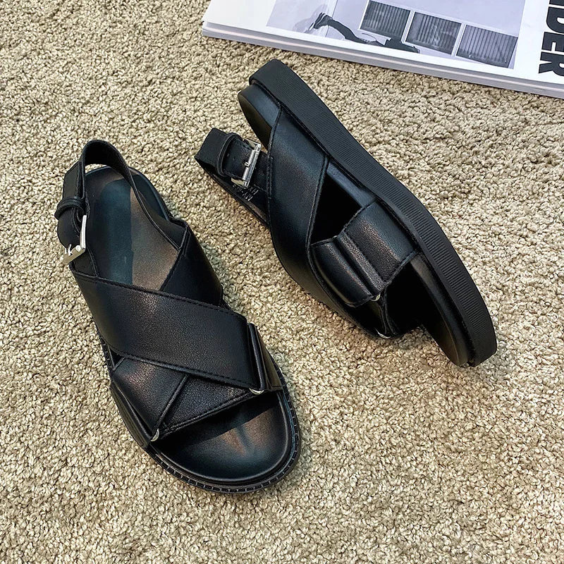 Breakj Breakj Summer New Korean Version Of Casual Cross-Word Dew-Sleeve Thick-Soled Flat Sandals Women's Shoes Roman Shoes