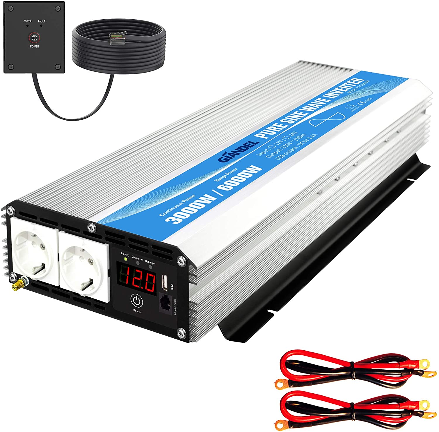 3000W Inversor de Corriente de Onda sinusoidal Pura Convertidor DC 12V a AC 220V 230V