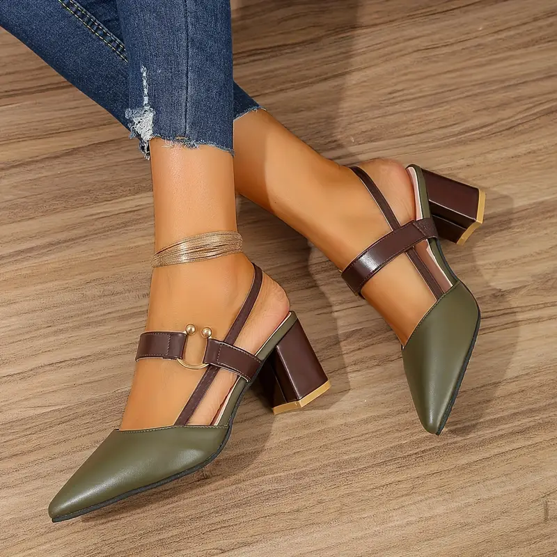 womens pointed toe block high heel sandals fashion solid color slingback shoes versatile mid heels 36 olive green 11