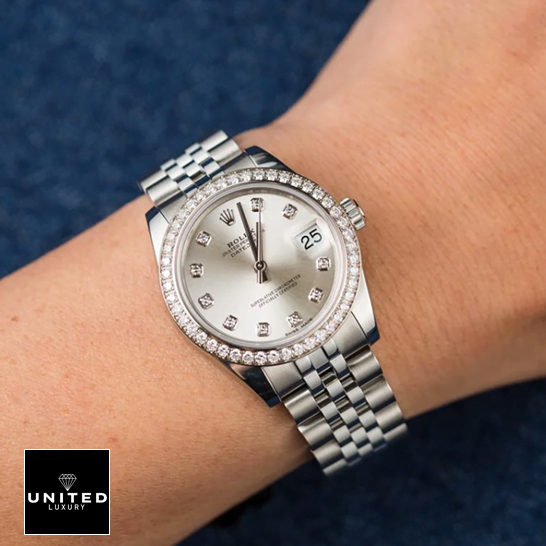 Rolex Datejust 178384 White Gold Diamond Bezel Replica on the wrist