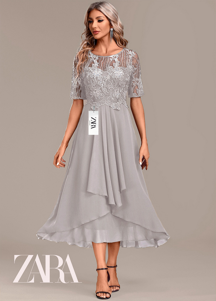 ZARA nowa sukienka z szyfonu z haftowanymi rękawami i okrągłym dekoltem