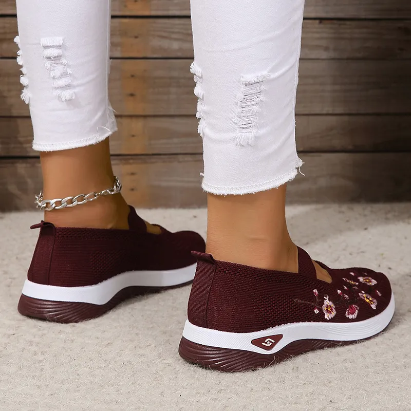 Gestickte gestrickte Sneaker für Damen | Atmungsaktive Slip-On Mesh-Loafer mit dicker Sohle für Herbst 2024