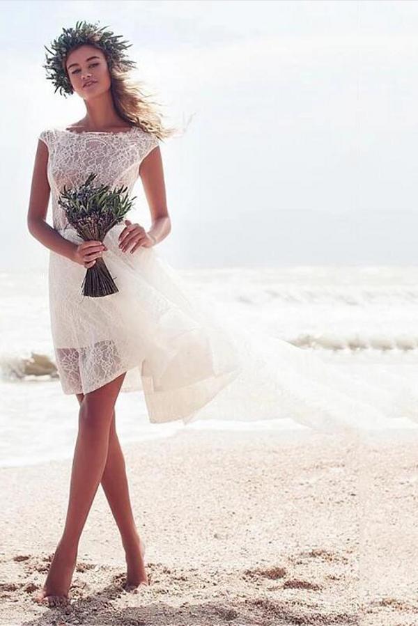 Miabel Modern Sleeveless A-line Bateau Lace Beach Boho Hi-Lo Wedding Dress