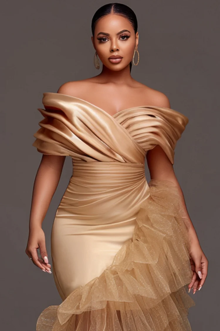 Xpluswear Design Plus Size Wedding Guest Tulle Champagne Off The Shoulder Ruffle Elegant Contrast Satin Midi Dresses [Pre-Order]