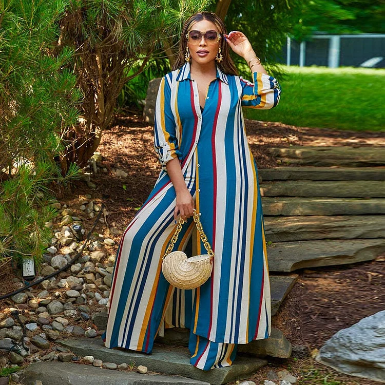 African Americans fashion QFY African Striped Print Two PCS Set Clothes Women Shirt Dress Pants Suit 2022 Autumn Tops Trouser Outfits Robe Africaine Femme Ankara Style QueenFunky