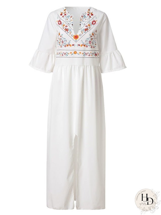 Casual Dress Swing Dress White Dress Long Dress Maxi Dress Black Blue Wine Half Sleeve Floral Ruffle Fall Spring Autumn V Neck Loose Fit S M L XL XXL for Women