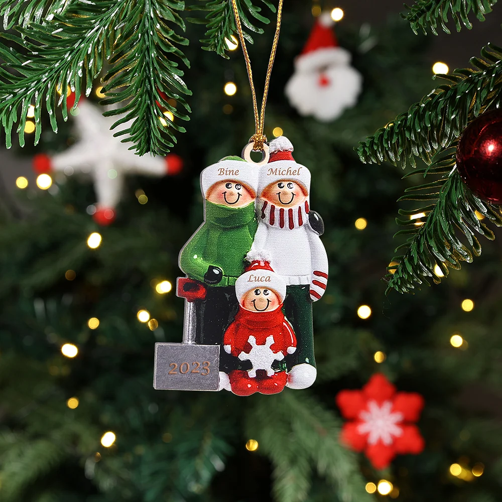 Holz Personalisierte 3 Namen & Jahr Schneeschaufelteam Weihnachtsornament Weihnachtsbaum Anhänger mit 3 Familienmitgliedern
