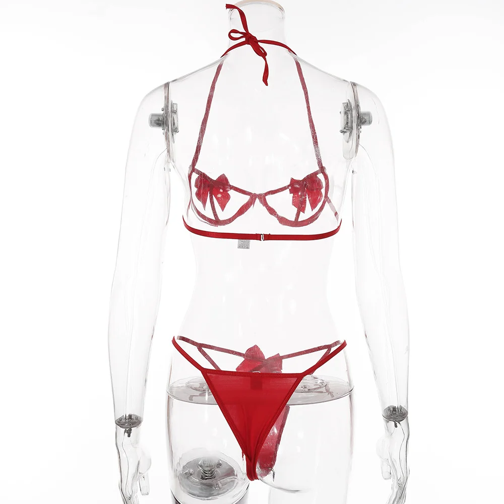 Billionm Women Lace Lingerie Red Bow Knot Transparent Bra and Panty Set Lenceria Para Mujer See Through Femme Ropa Interior 2021 Sexy