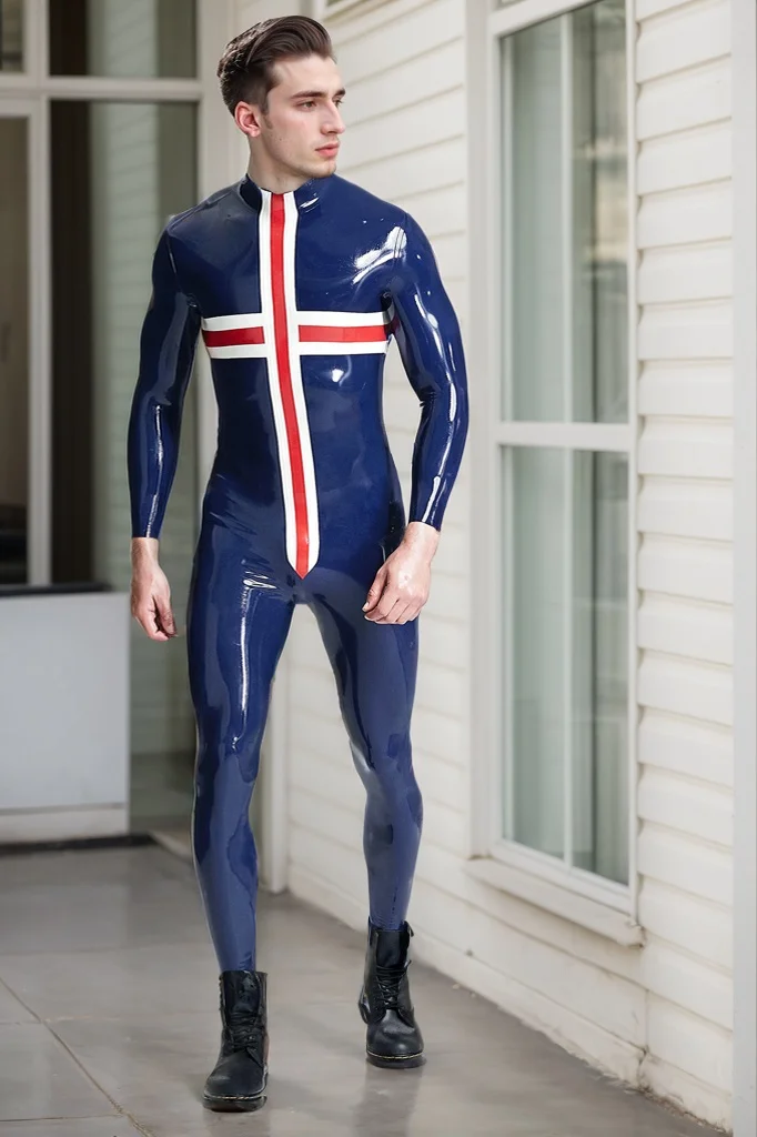 Men Latex Catsuits Male Patriotic Cross Catsuit Union Jack  Inspired Design (KG31456)