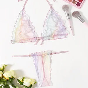 Ombre Sheer Mesh Lettuce Trim Lingerie Set