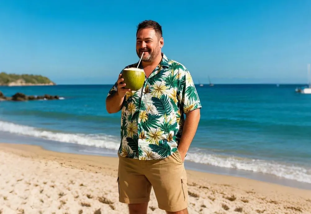 A big and tall men wearing 2-piece sets on the beach.
