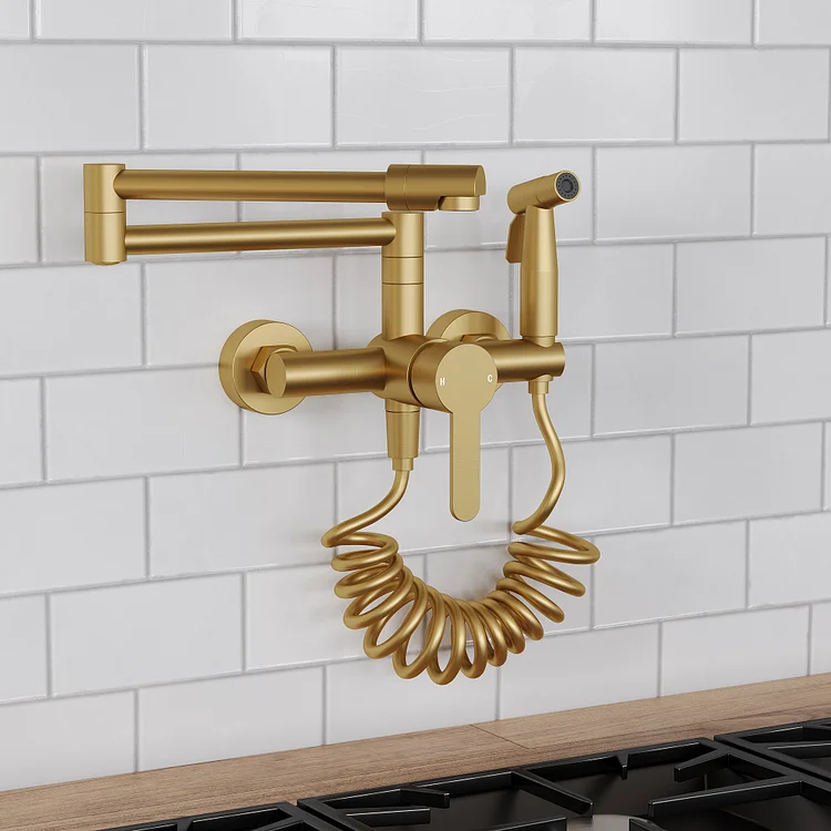 Wall Mounted Pot Filler Kitchen Faucet with 180° Swivel Spout and Sprayer SFS-1087-GD