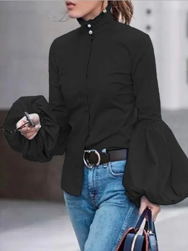Urban Solid Color Stand Collar Puff Sleeves Blouse