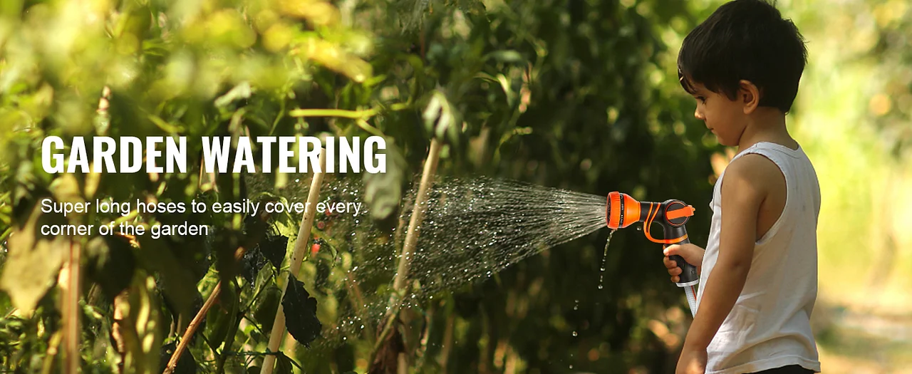 child watering garden plants with VEVOR retractable hose reel; text reads "garden watering".