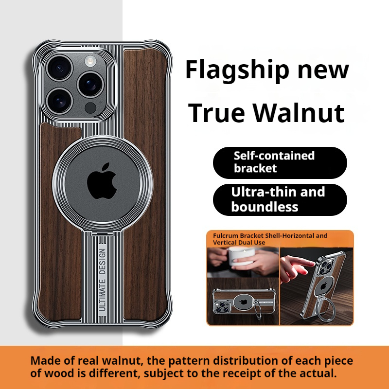Luxury borderless solid wood metal stand magnetic iPhone case