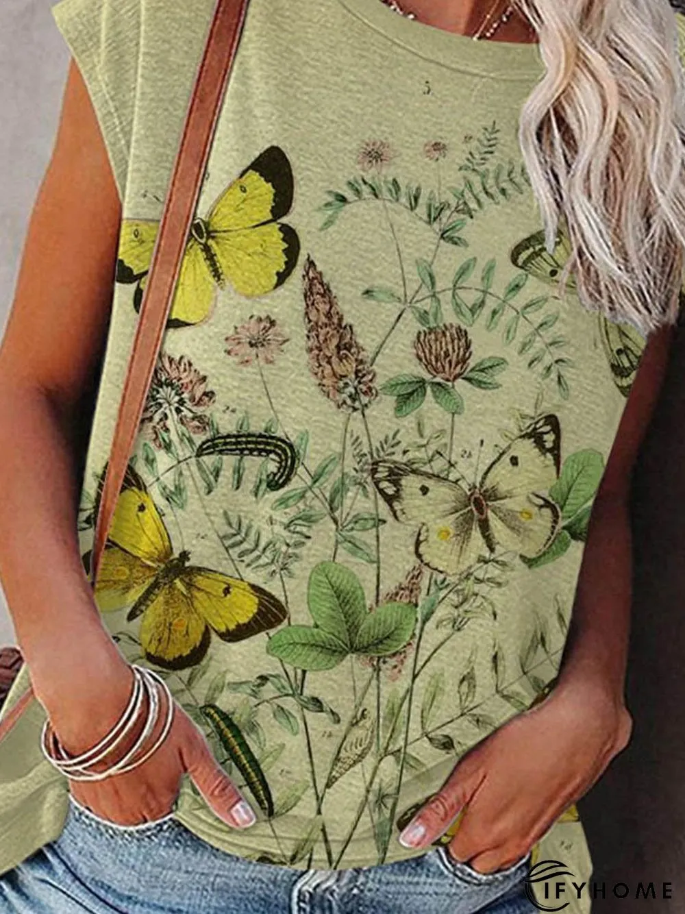 Butterfly Short Sleeve Printed Cotton-blend Crew Neck Holiday Summer Yellow Top | IFYHOME