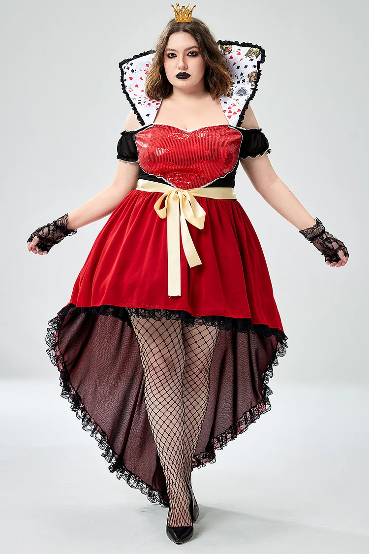 Xpluswear Design Plus Size Halloween Costume Red Sparkling Queen Of Hearts Knitted Mini Dress [Pre-Order]