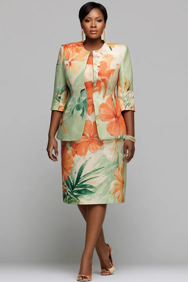 Xpluswear Design Plus Size Churchs Multicolor Floral Round Neck 3/4 Sleeve Split Satin Two Piece Dress Set [Pre-Order] 2024 - Xpluswear