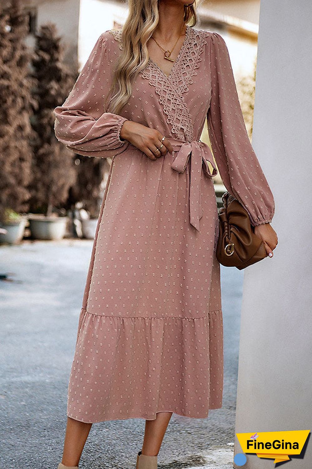 Long Sleeve Tie Waist Elegant Maxi Dress