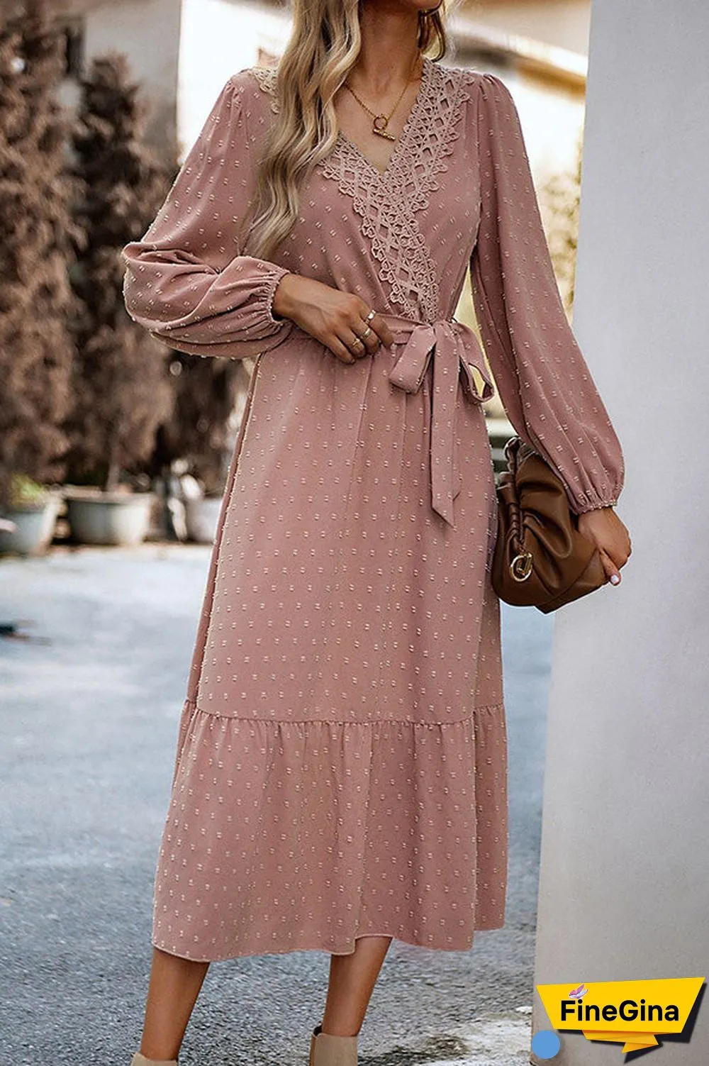 Long Sleeve Tie Waist Elegant Maxi Dress