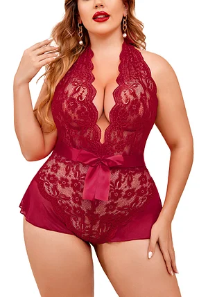 Plus Size Lingerie for Women Deep V Neck Teddy Lingerie Halter Lace Bodysuit Nightgown