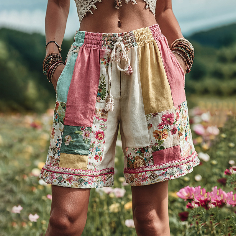 Női patchwork virágmintás kontrasztos derekú, húzózsinóros zsebes rövidnadrág