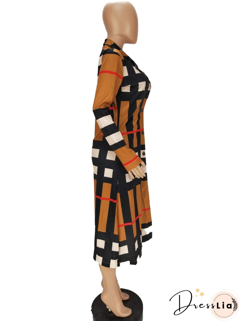 Women's Plaid Print Long-sleeved Lapel Long Coat