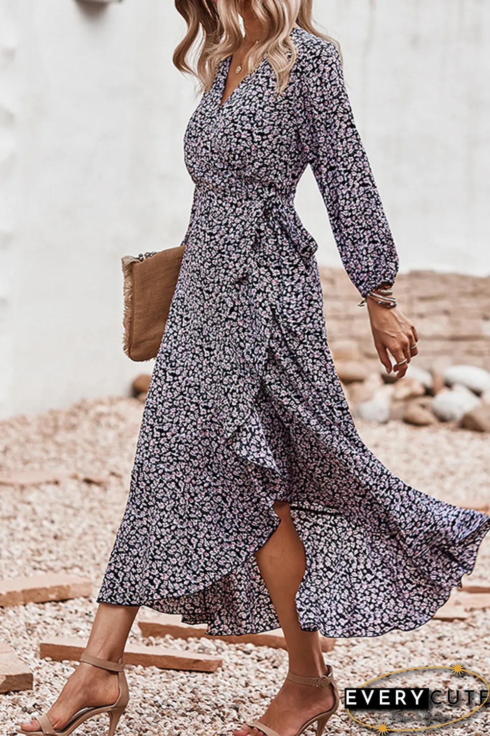 Elegant Floral Flounce Strap Design V Neck A Line Dresses(5 colors)