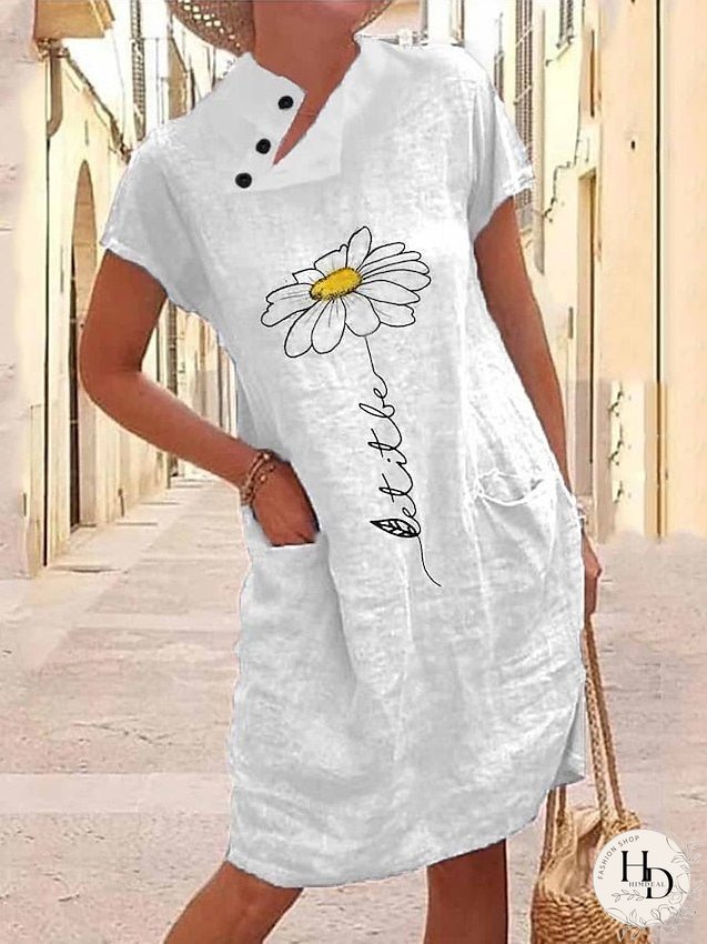Cotton Linen Dress Casual Dress Shift Dress Midi Dress Cotton Blend Fashion Casual Outdoor Daily Cowl Neck Button Pocket Short Sleeve Summer Spring Loose Fit White Floral S M L XL 2XL for Women