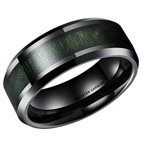 Black with High Polish Green Wood Inlay and Beveled Edges Tungsten Carbide Rings With Mens And Womens 8MM