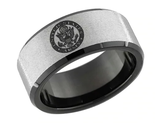 6MM 8MM Women's Or Men's U.S. Army Tungsten Carbide Wedding Rings Military Wedding Silver with Black Edges and Laser Etched United States Army Logo
