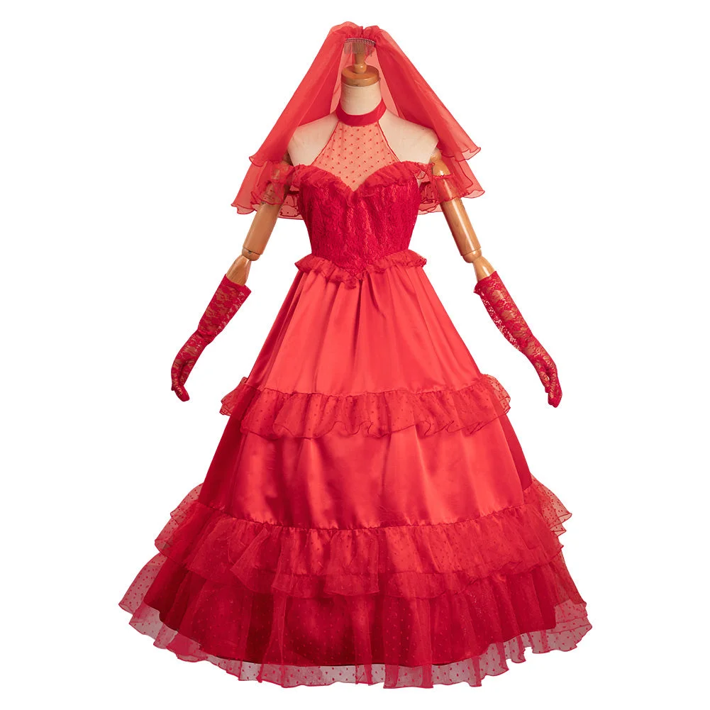 Movie Beetlejuice Lydia Deetz Lolita Red Wedding Dress Outfits Cosplay Costume Halloween Carnival Suit-Coshduk