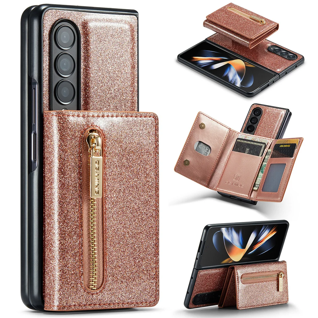 Glitter Detachable Magnetic Wallet Leather Phone Case With Cards Slot,Zipper Slot And Kickstand For Galaxy Z Fold3/Fold4